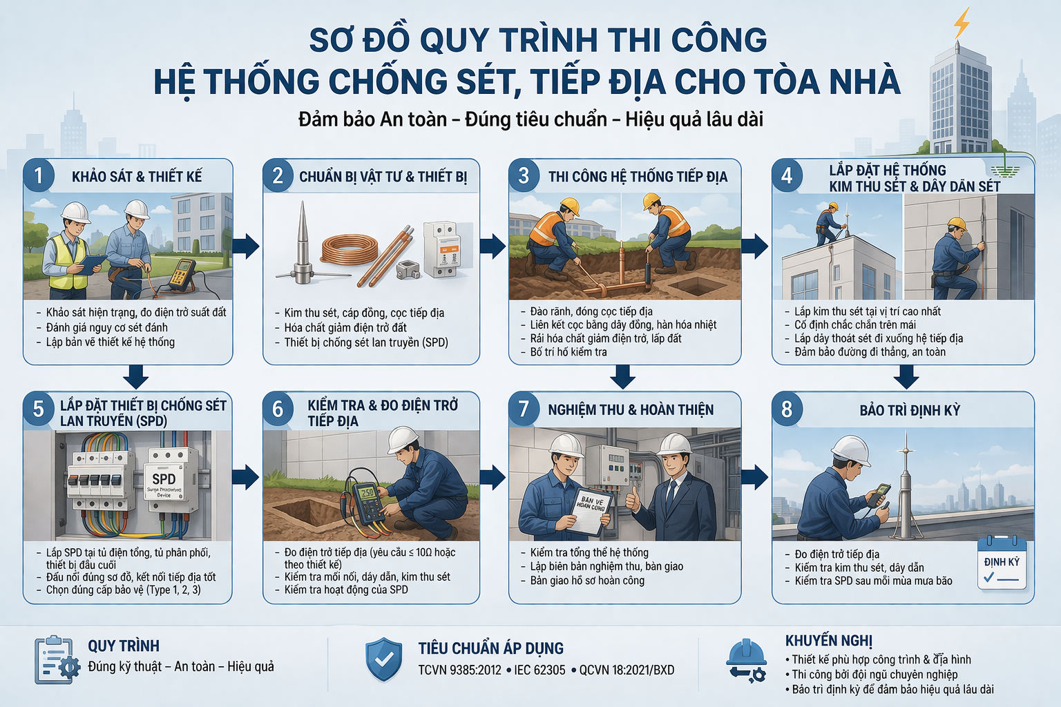 QUY TRÌNH THI CÔNG HỆ THỐNG CHỐNG SÉT, TIẾP ĐỊA CHO TÒA NHÀ