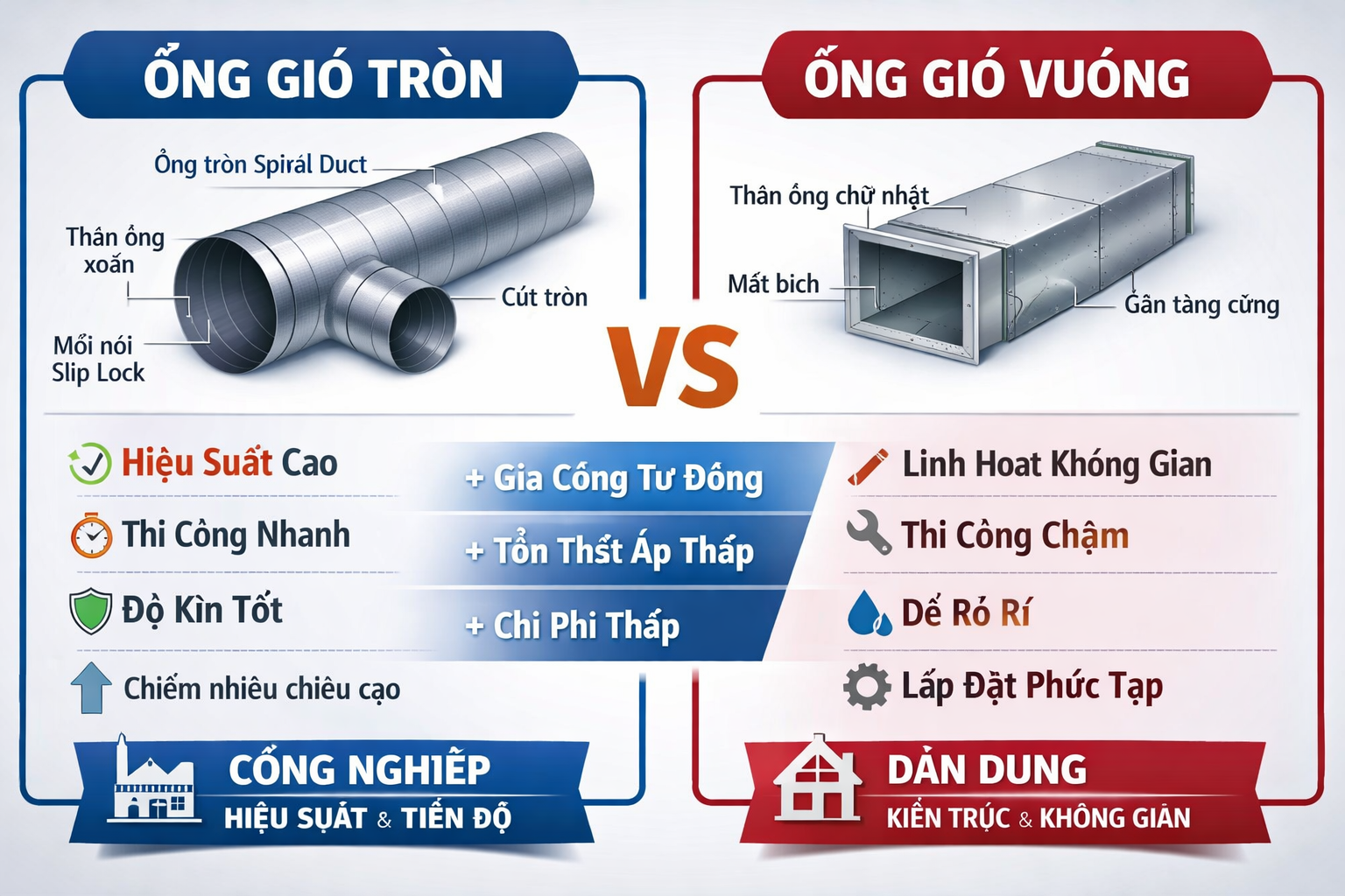 SO SÁNH ỐNG GIÓ TRÒN VÀ ỐNG GIÓ VUÔNG