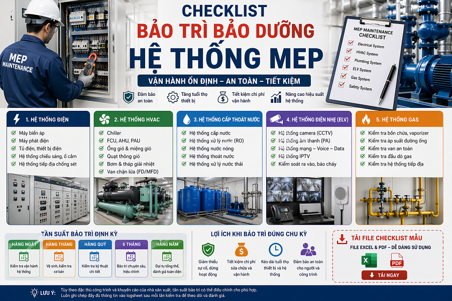 CHECKLIST BẢO TRÌ BẢO DƯỠNG HỆ THỐNG MEP