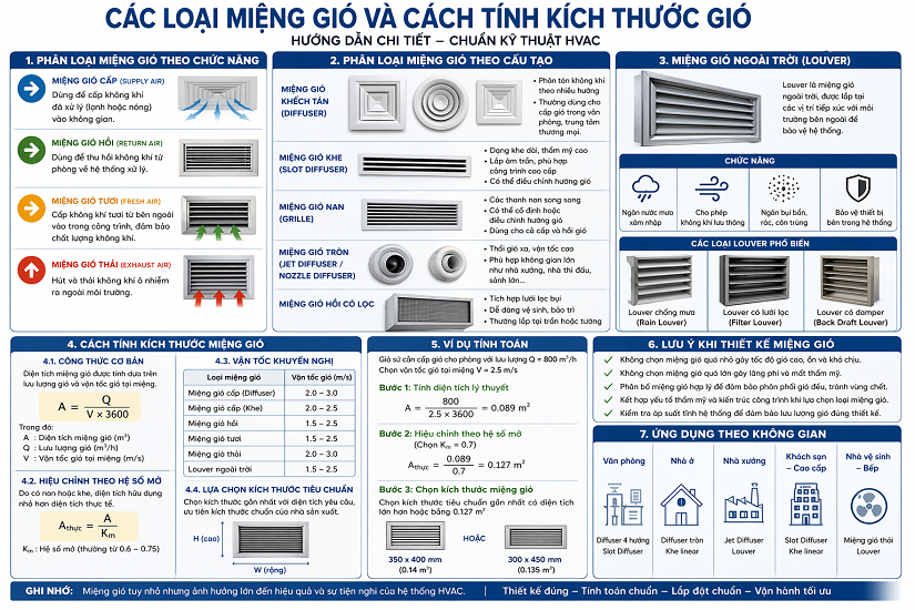 CÁC LOẠI MIỆNG GIÓ VÀ CÁCH TÍNH KÍCH THƯỚC MIỆNG GIÓ