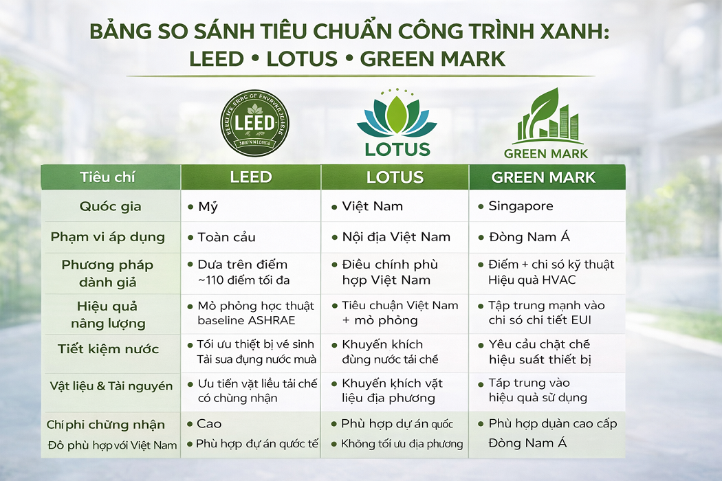 SO SÁNH TIÊU CHUẨN LEED- LOTUS- GREEN MARK