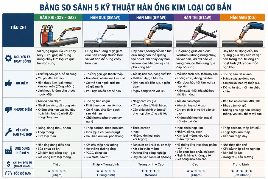 5 kỹ thuật hàn ống kim loại cơ bản