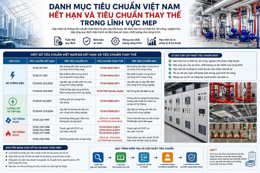 DANH MỤC TIÊU CHUẨN VIỆT NAM HẾT HẠN HOẶC THAY THẾ TRONG LĨNH VỰC MEP